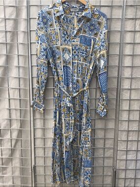 Dress Forum White, Blue & Yellow Tile-Print Button-Up Shirtdress. NWT